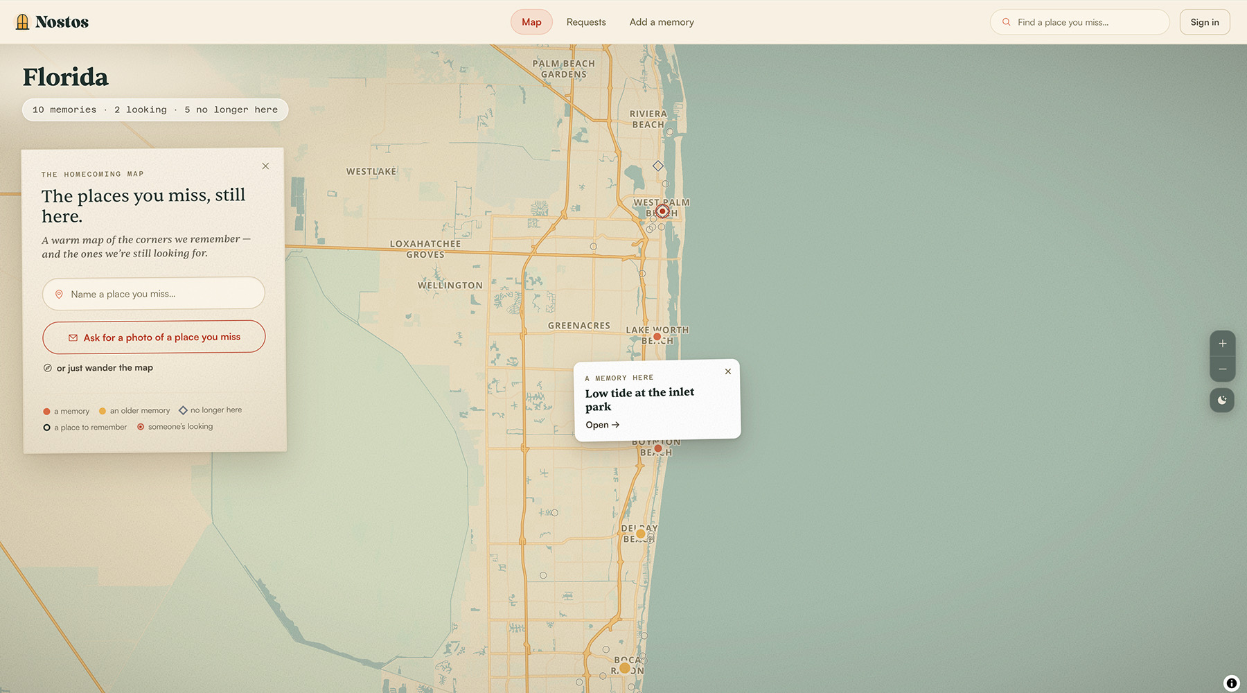 The Nostos map: warm, hand-tinted Florida streets scattered with pins where people have shared a memory or asked for one.